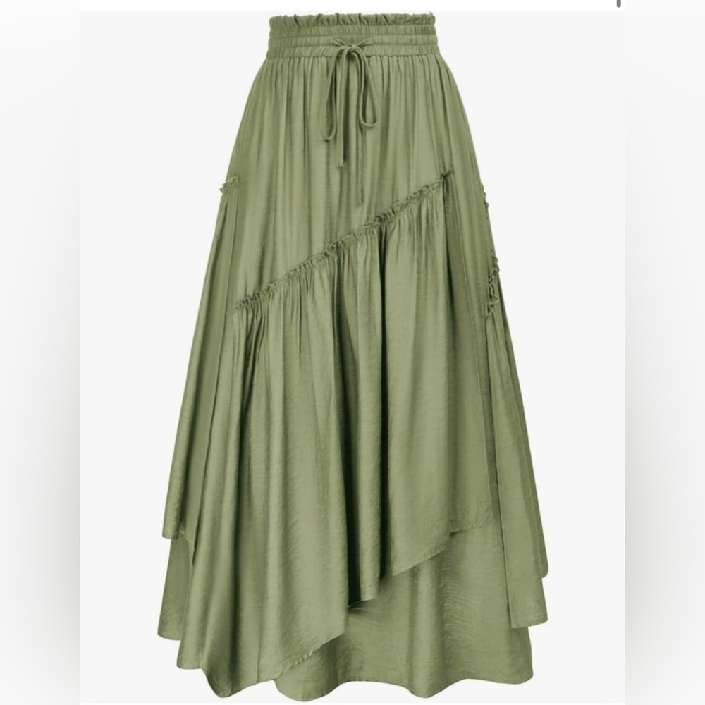 High waisted layered long skirt with pockets and elastic waist tie